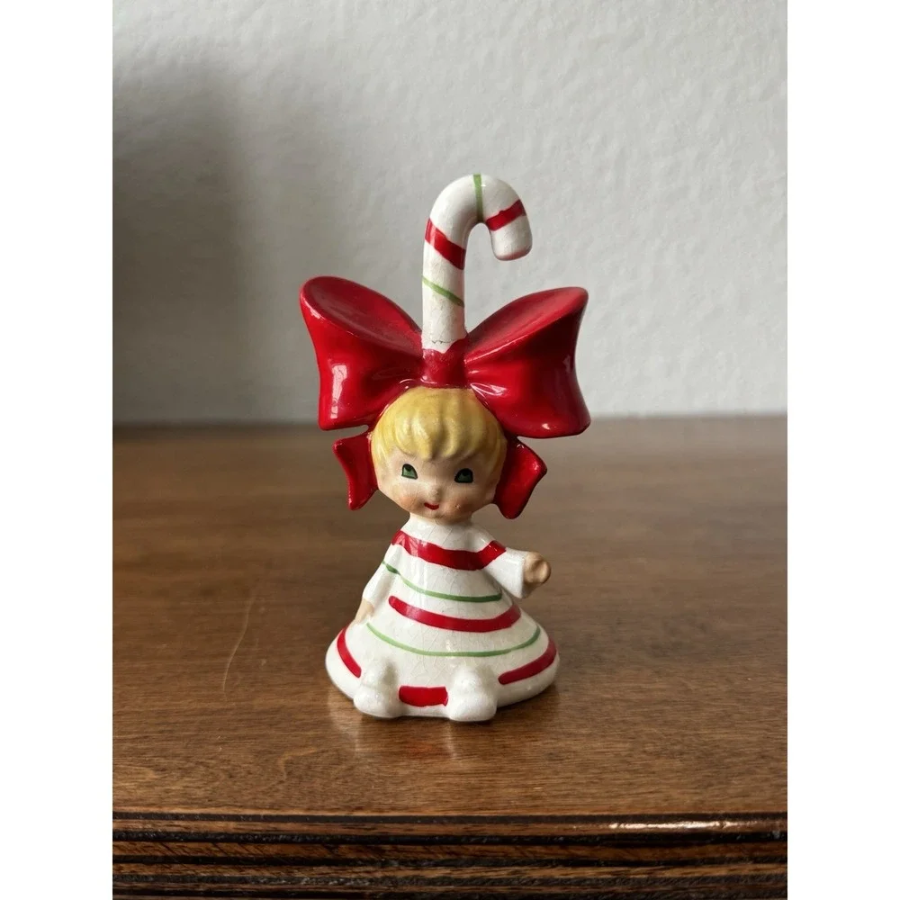 Vintage Lefton Christmas Angel and Candy Cane Bell Ornament